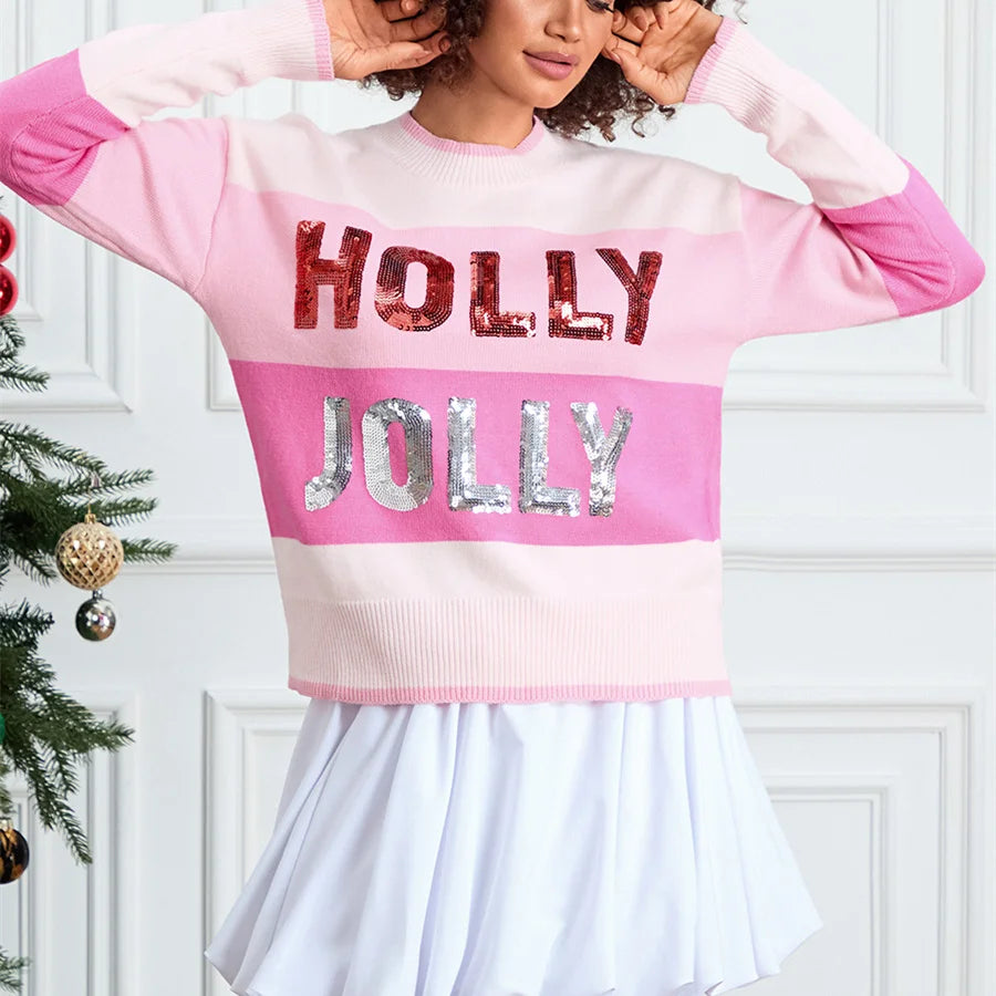 Round Neck Sequined Letter Knit Christmas Sweater
