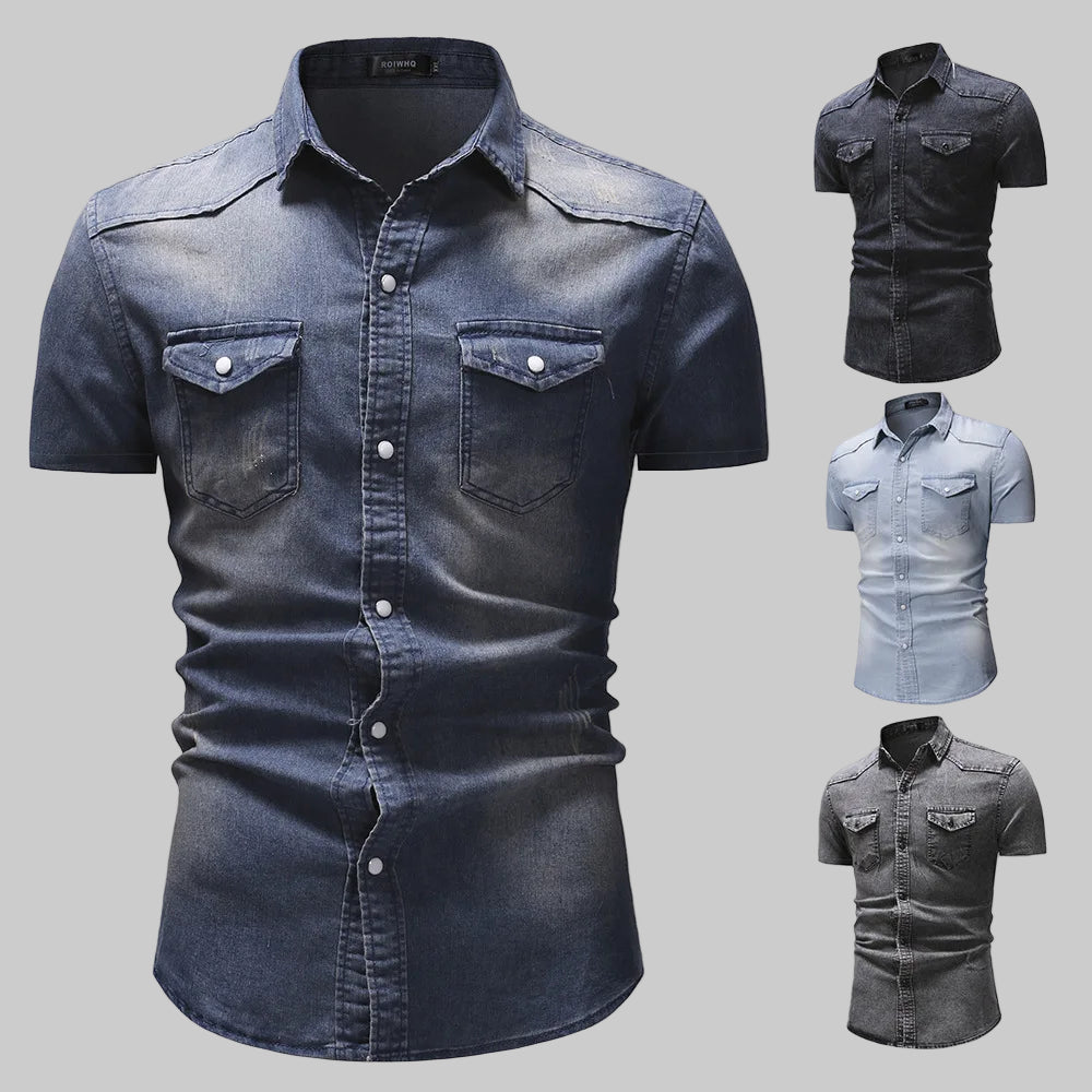 Slim Fit Solid Color Short Sleeve Denim Shirt