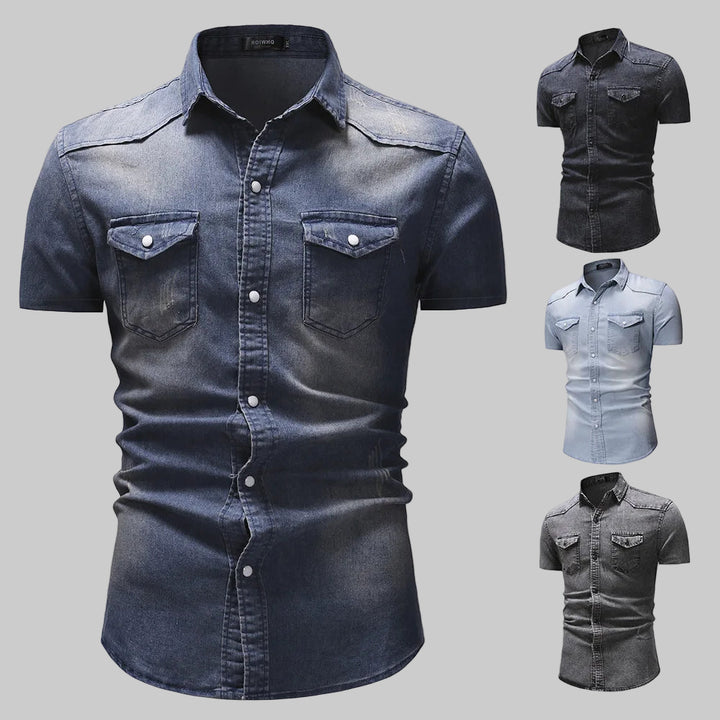 Slim Fit Solid Color Short Sleeve Denim Shirt