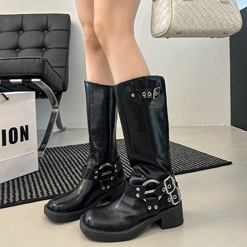 Retro Knee-high round Head Knight Boots