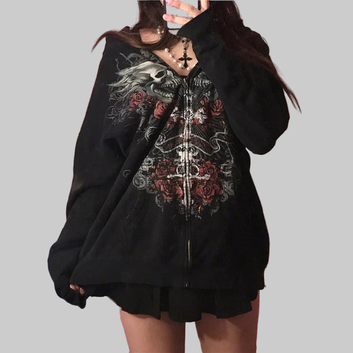 2000s Gothic Fairy Grunge Skull Graphic Oversized Hoodie