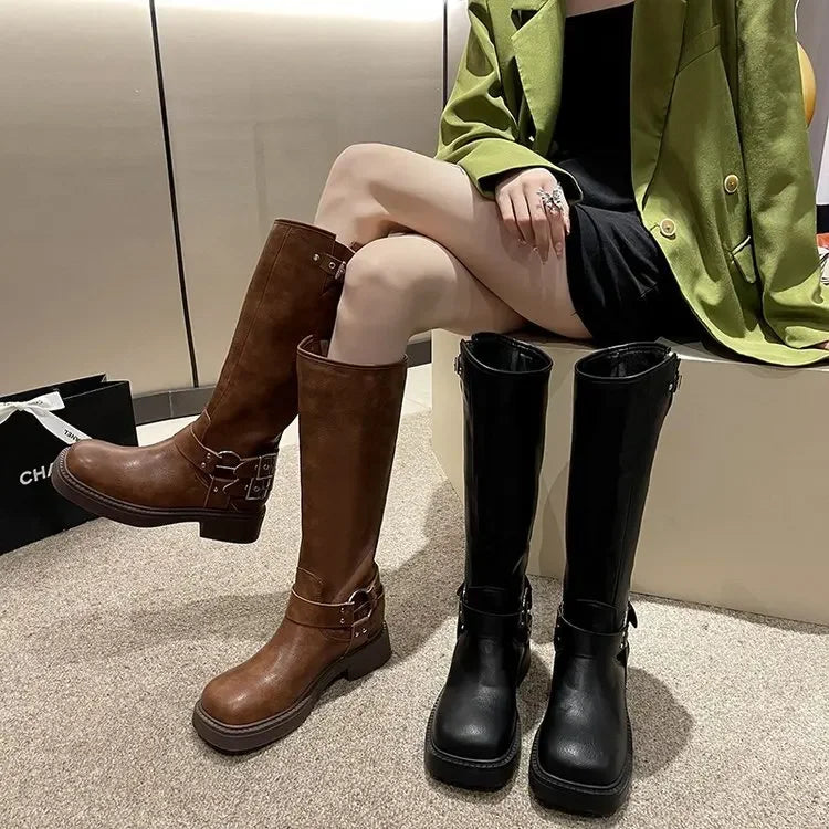 Retro Denim Long Tube Boots in Maillard Style