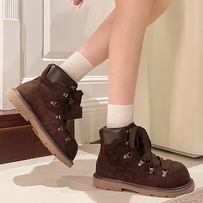 Lace Up Suede Western Platform Boots