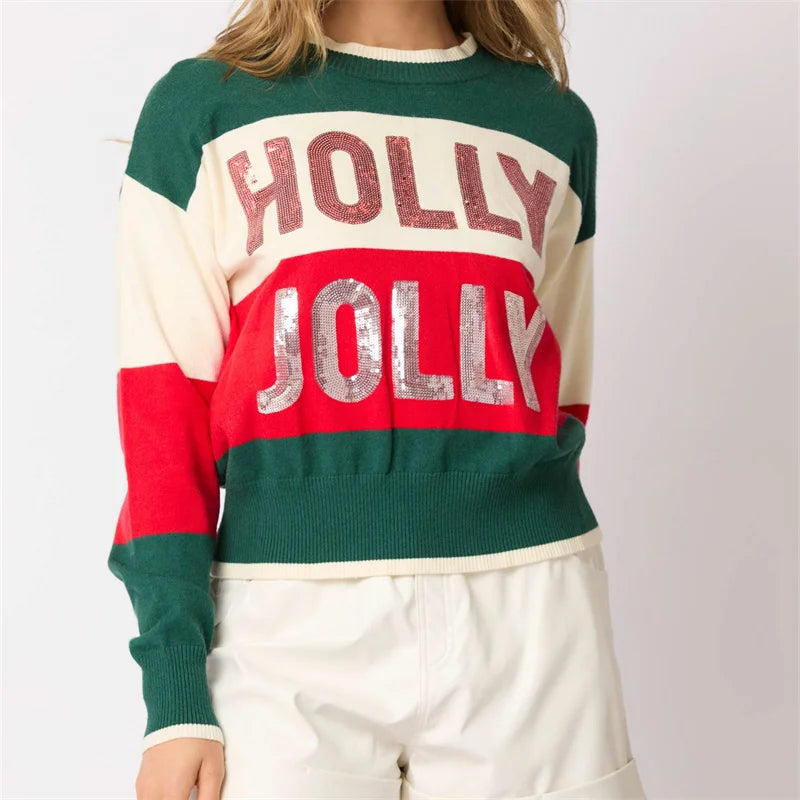 Round Neck Sequined Letter Knit Christmas Sweater