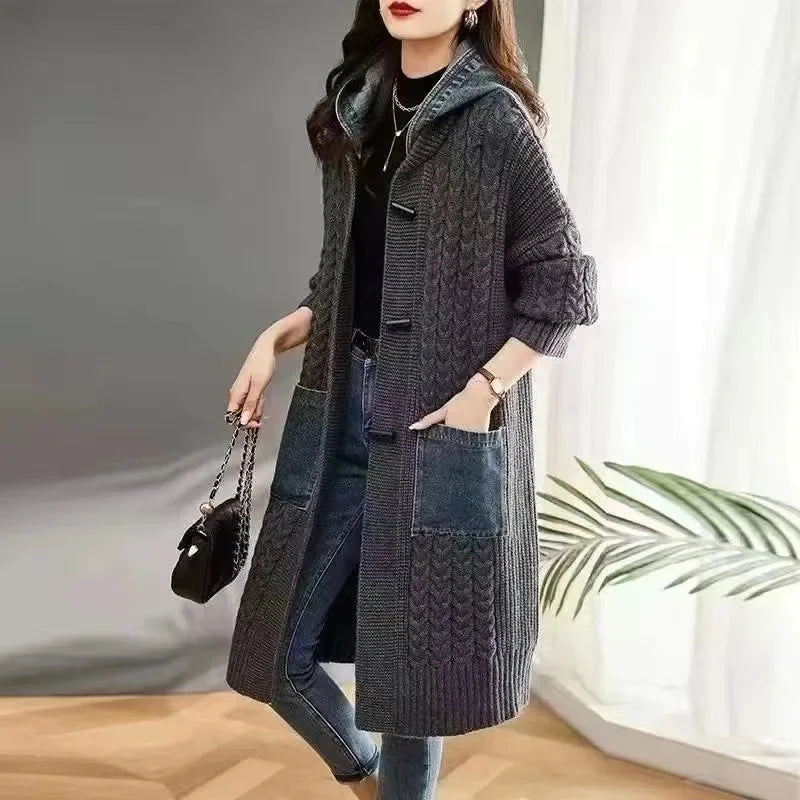 Spring Autumn Loose-Fit Hooded Knitted Cardigan