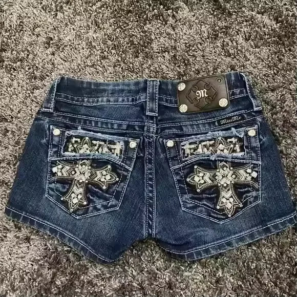 Y2K High-Waisted Letter Embroidery Denim Shorts