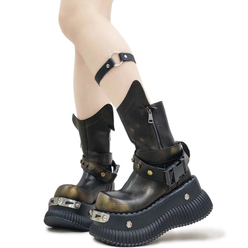 Authentic Leather Mid-Calf Motorcycle Boots with Buckle Strap
