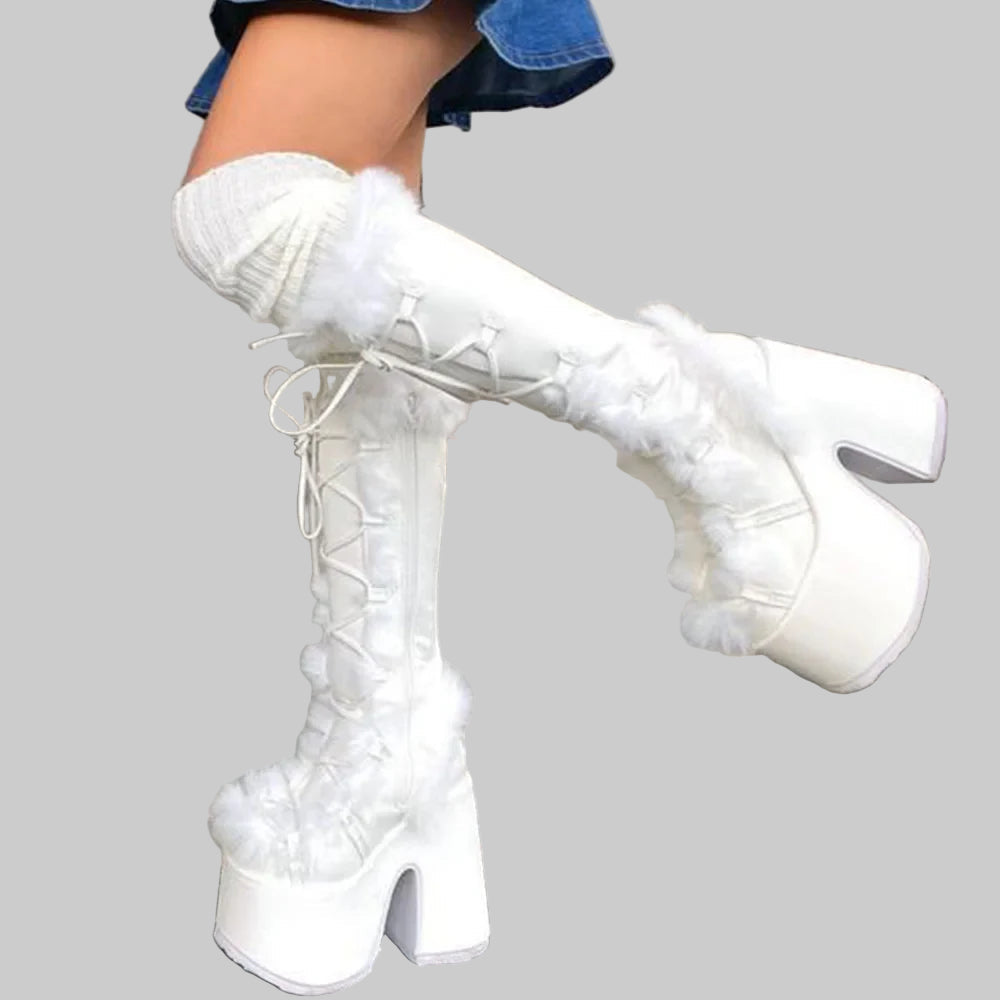 Y2K Punk Faux Fur Chunky Platform Gothic High Heel Boots