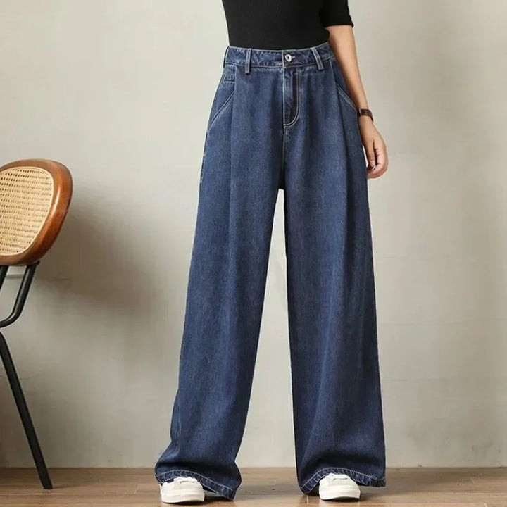 Retro High-Waisted Distressed Wide-Leg Jeans