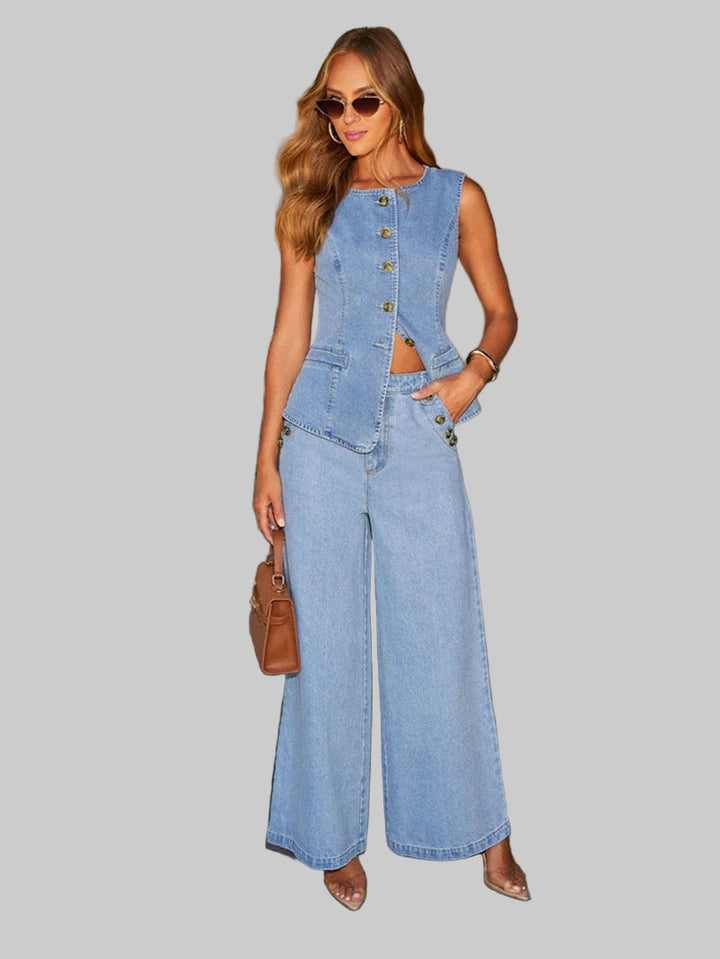 Sleeveless Vest Top & Wide Leg Pants Denim Set
