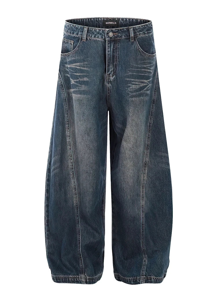 Retro Washed Curved Blade Baggy Wide-Leg Jeans