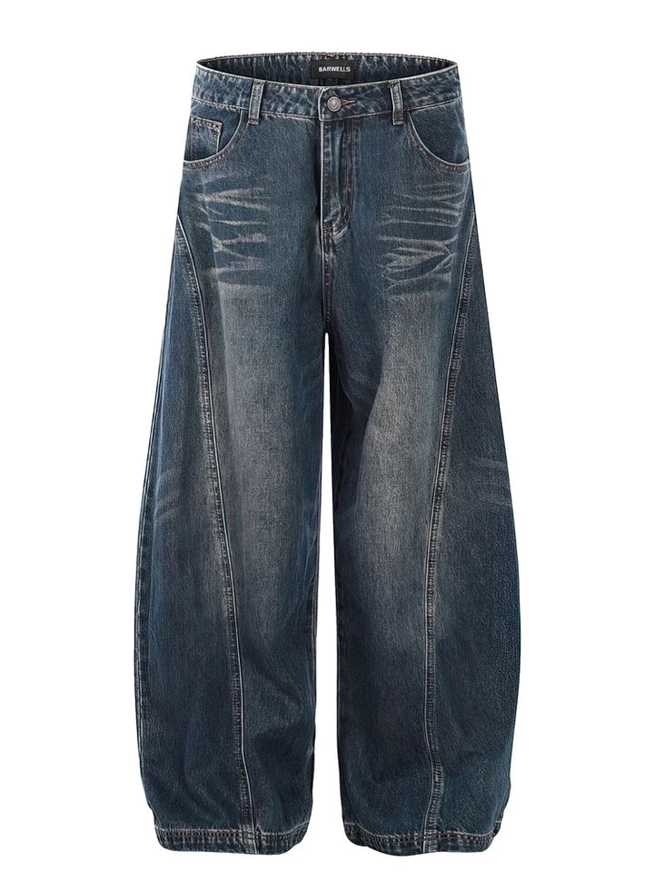 Retro Washed Curved Blade Baggy Wide-Leg Jeans