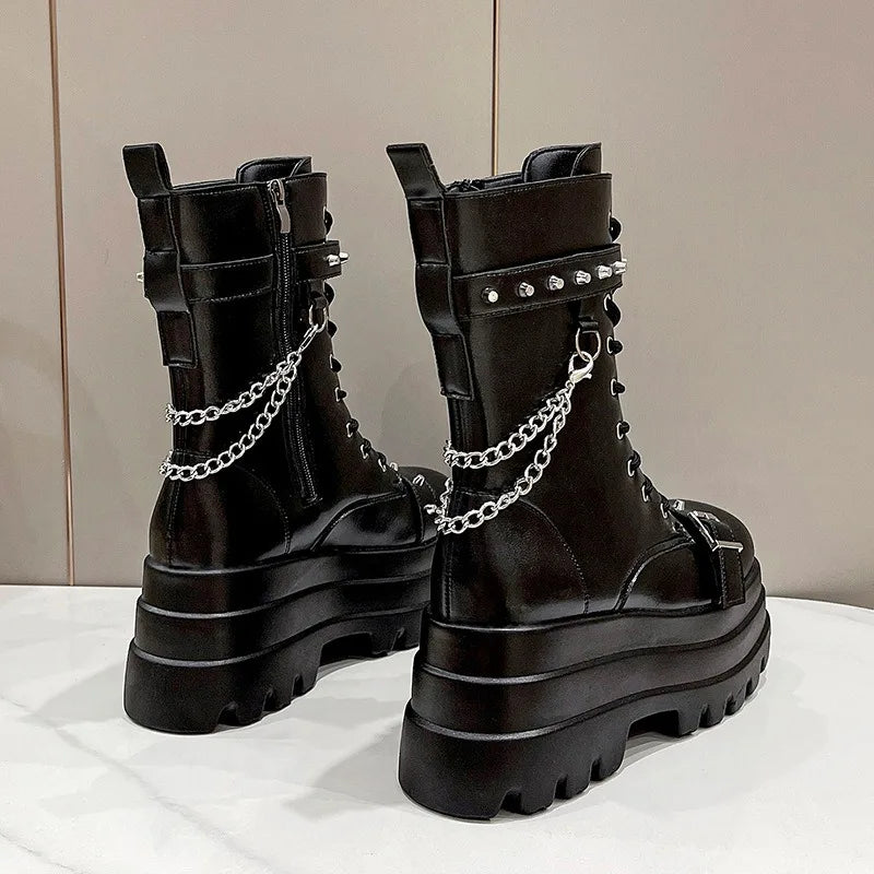 Thick Gothic Knee-High Platform Wedge Boots with Buckle