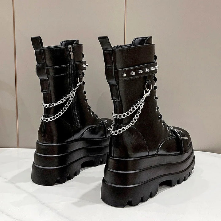 Thick Gothic Knee-High Platform Wedge Boots with Buckle