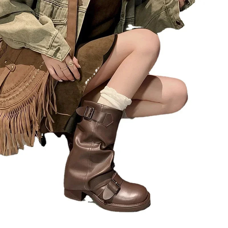 Mid-Calf Slip-On Retro Biker Boots