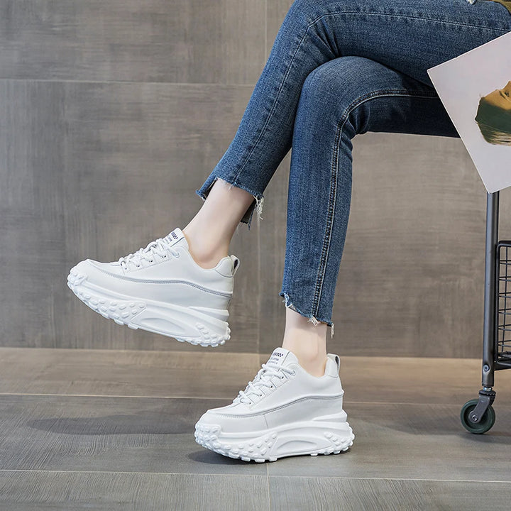 7cm Genuine Leather Chunky Platform Wedge Sneakers