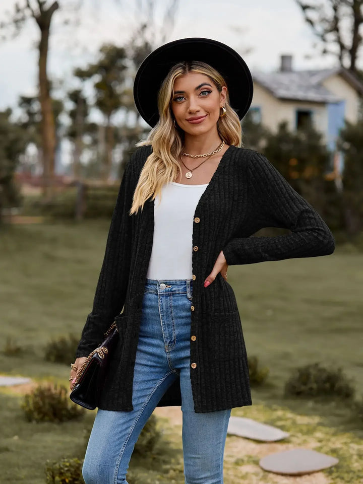 Fleece-Striped V-Neck Long Sleeve Cardigan