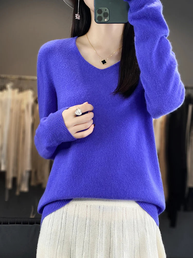 100% Pure Merino Wool Women's V-Neck Sweater