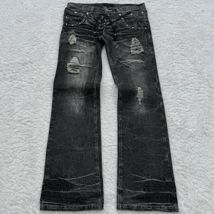 Washed Unisex Gothic Micro Flared Lace-Up Jeans