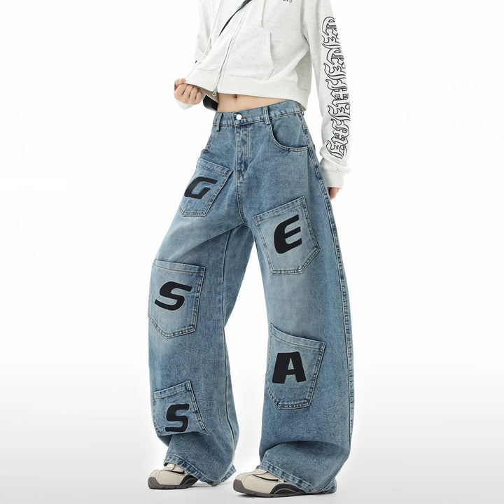 Loose Fit Baggy Jeans-Printed Letters and Multiple Pockets