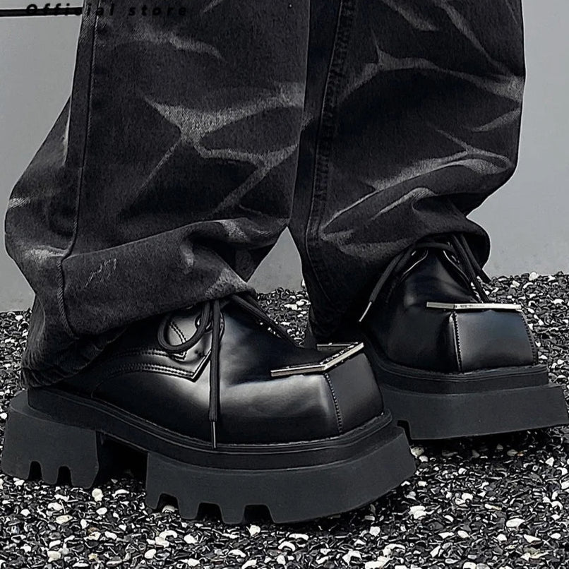 Luxury Punk Gothic Square-Toe Leather Boots