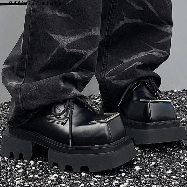 Luxury Punk Gothic Square-Toe Leather Boots
