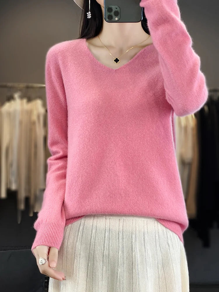 100% Pure Merino Wool Women's V-Neck Sweater
