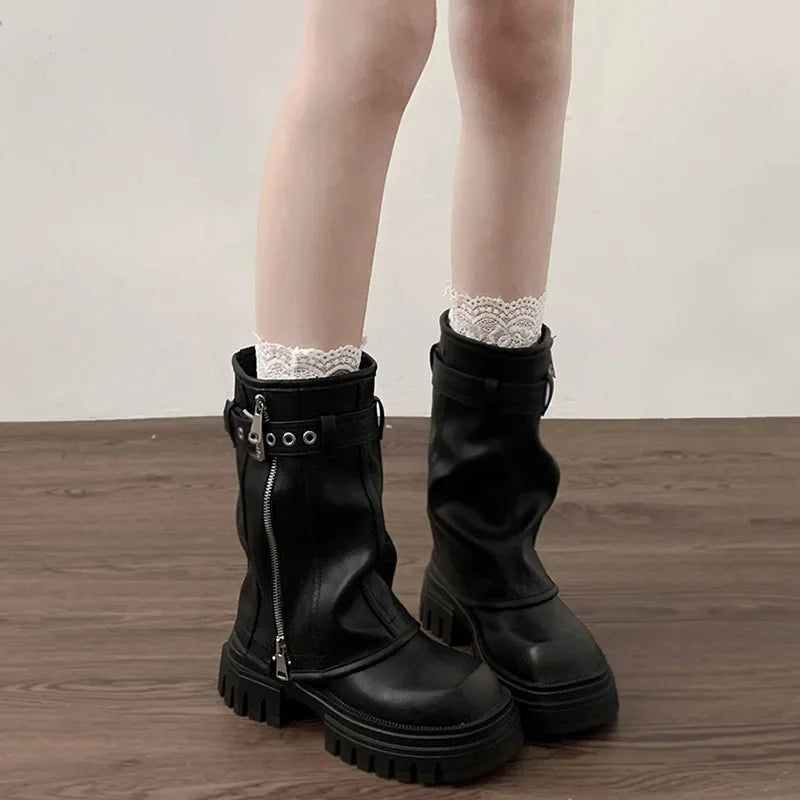 Elegant Winter Biker Boots with Belt Buckle