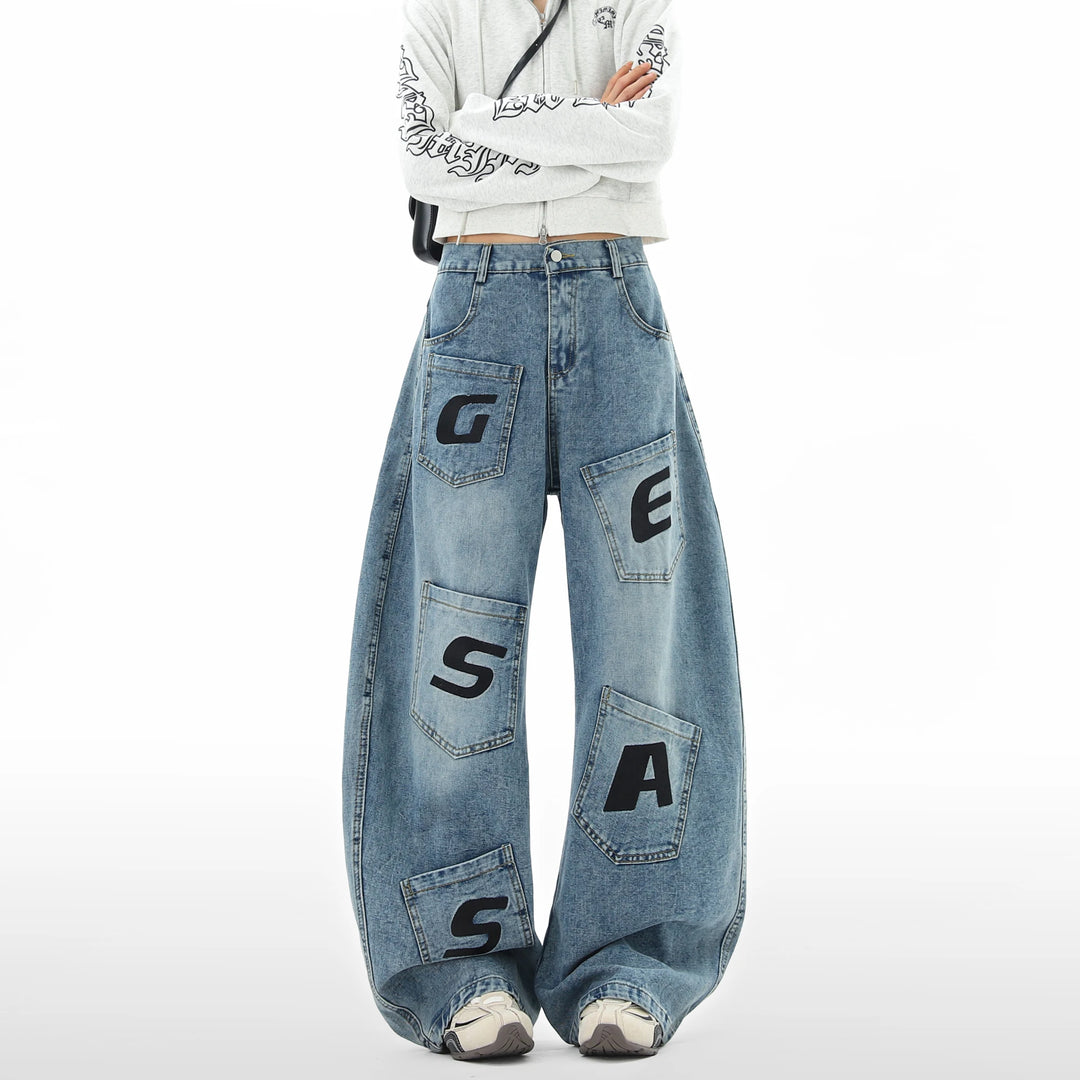 Loose Fit Baggy Jeans-Printed Letters and Multiple Pockets