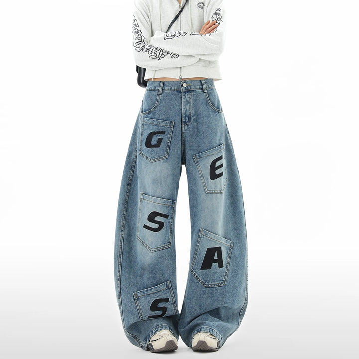 Loose Fit Baggy Jeans-Printed Letters and Multiple Pockets