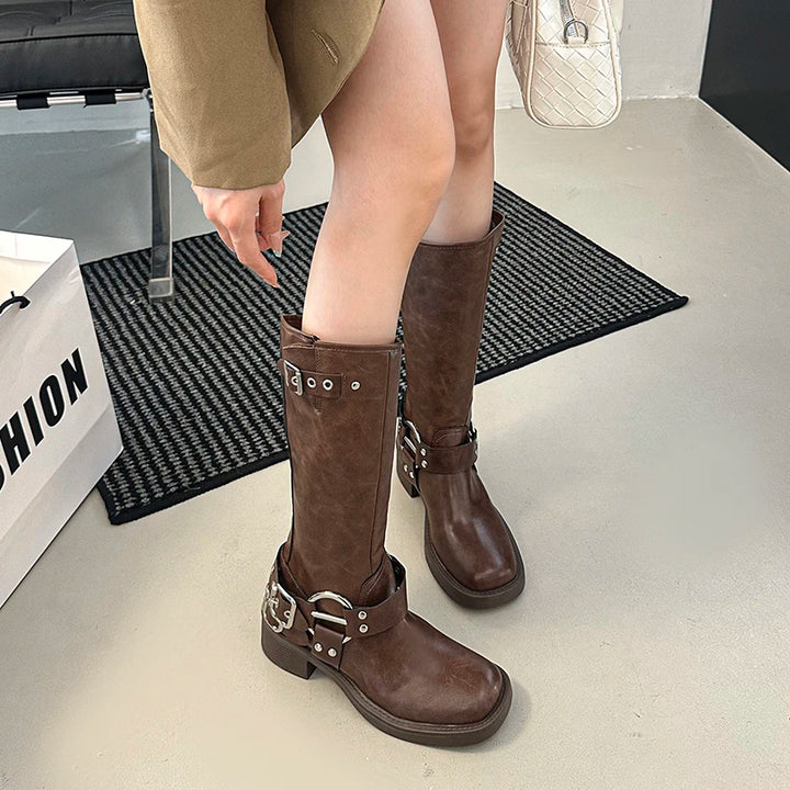 Retro Knee-high round Head Knight Boots