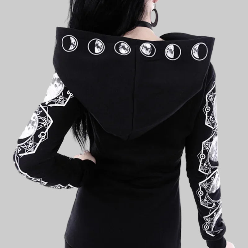 Gothic Punk Black Long-Sleeve Hoodie with Moon Print