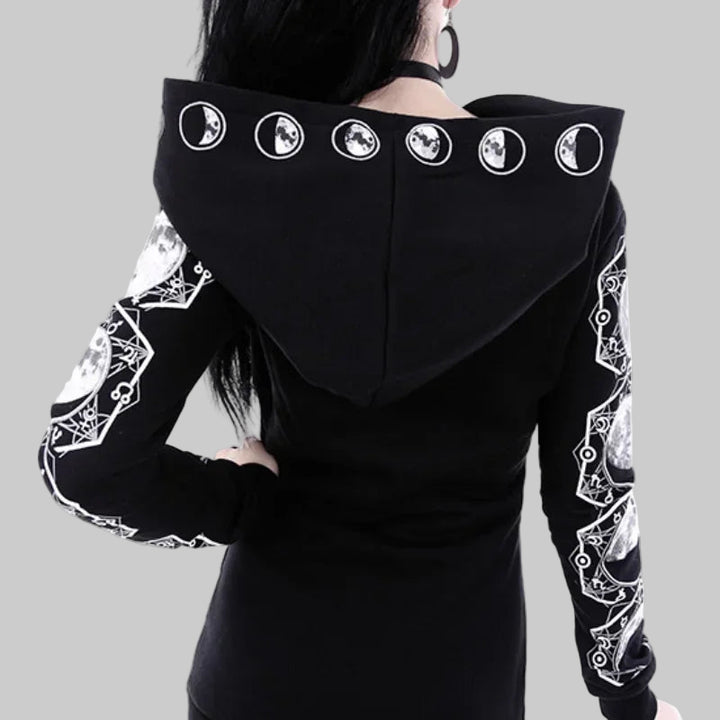 Gothic Punk Black Long-Sleeve Hoodie with Moon Print