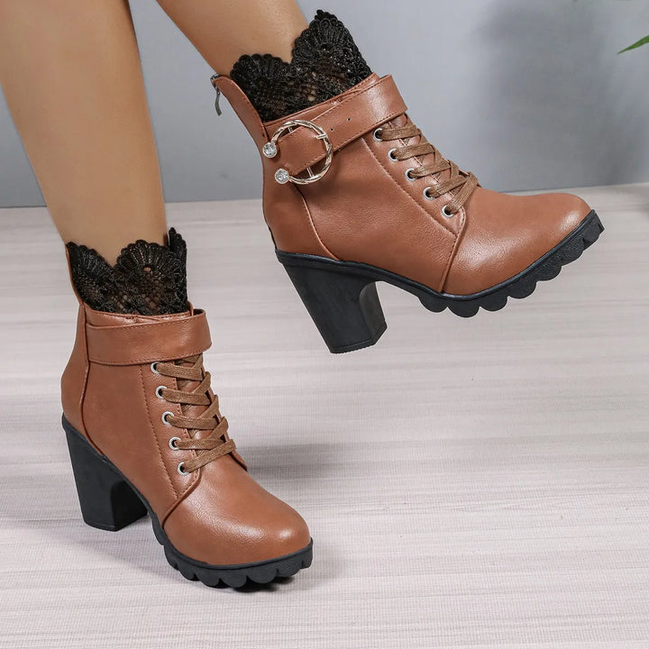 Lace-Up Ruffle Chunky Heel Ankle Boots
