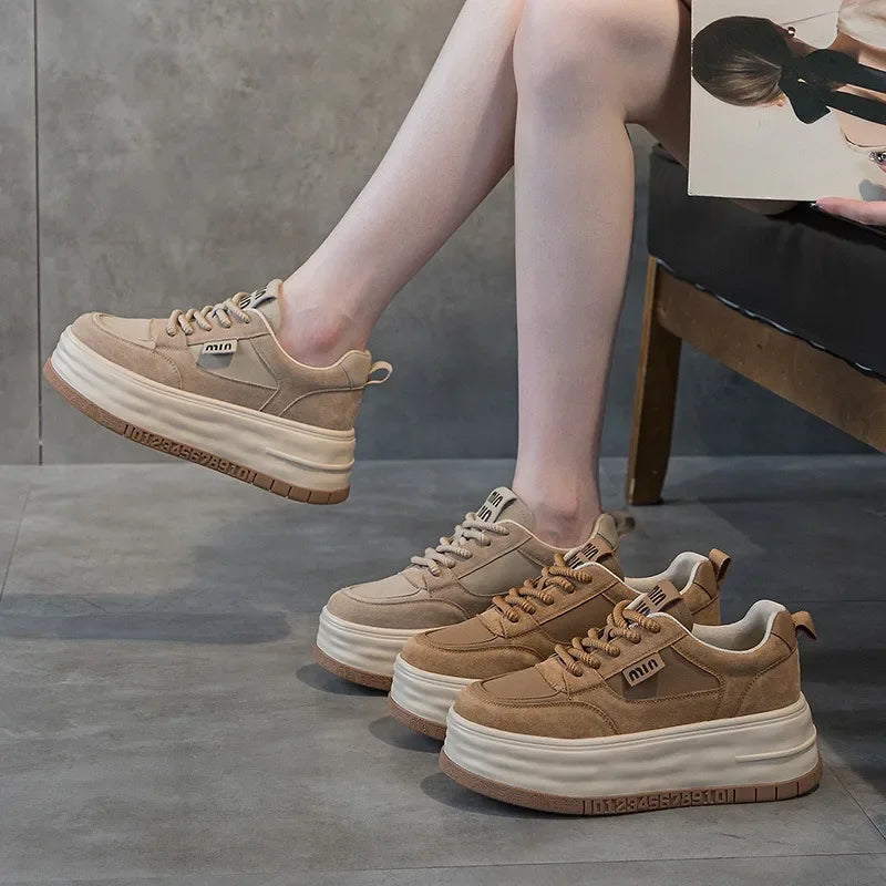 Genuine Leather Cloth Suede Chunky Platform Sneakers