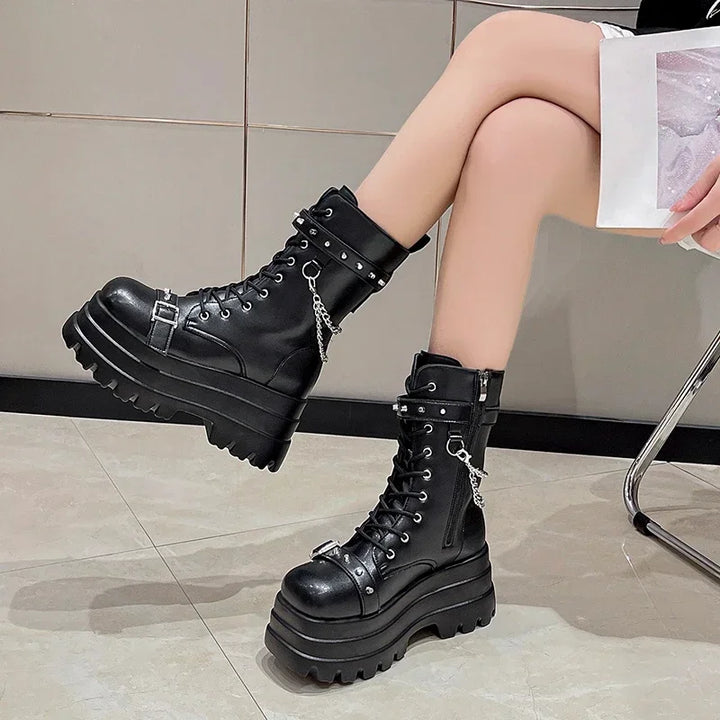 Gothic Lady Buckle Autumn Wedges Knee High Boots