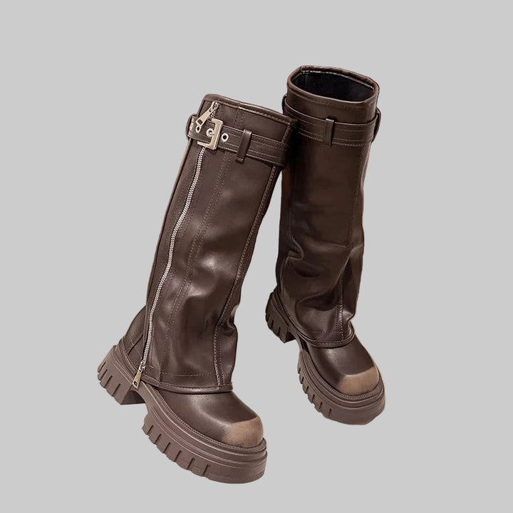Platform Western Long Boots with Belt Buckle