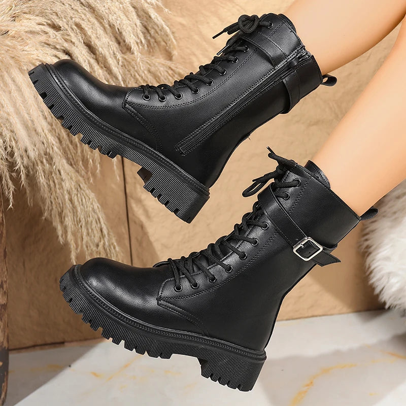Fashionable Mid-Calf PU Leather Combat Boots with Buckle Strap