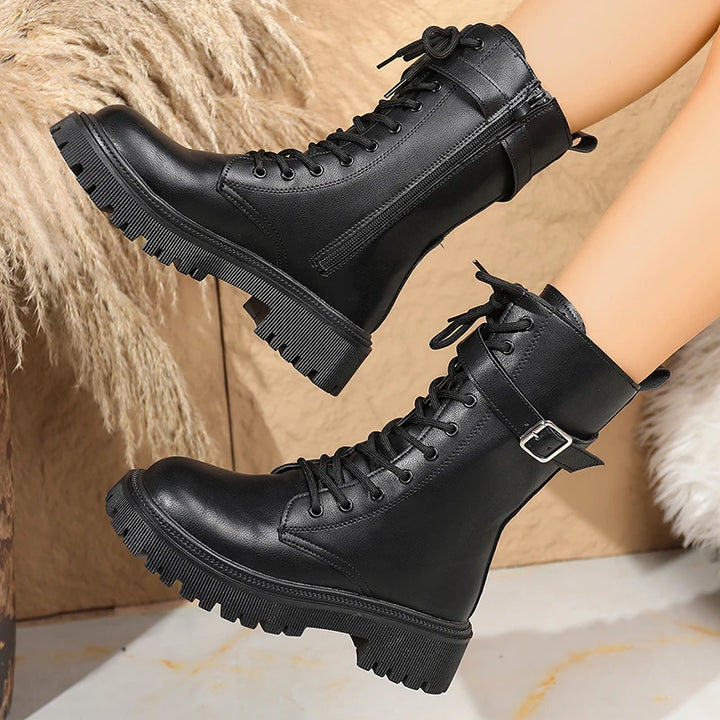 Fashionable Mid-Calf PU Leather Combat Boots with Buckle Strap