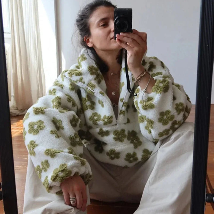 Floral Print Faux Lamb Wool Hoodie with Zipper Pocket