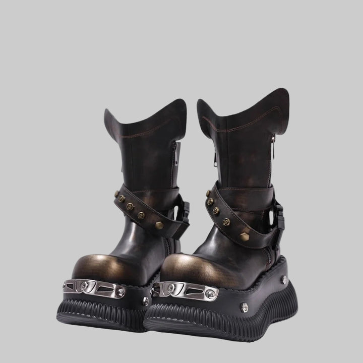 Authentic Leather Mid-Calf Motorcycle Boots with Buckle Strap