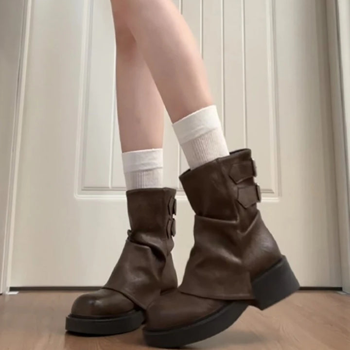 Elegant Belt Buckle Low Heels Leather Ankle Boots
