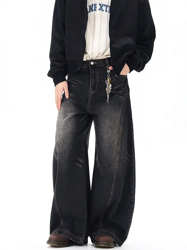 Retro Washed Curved Blade Baggy Wide-Leg Jeans