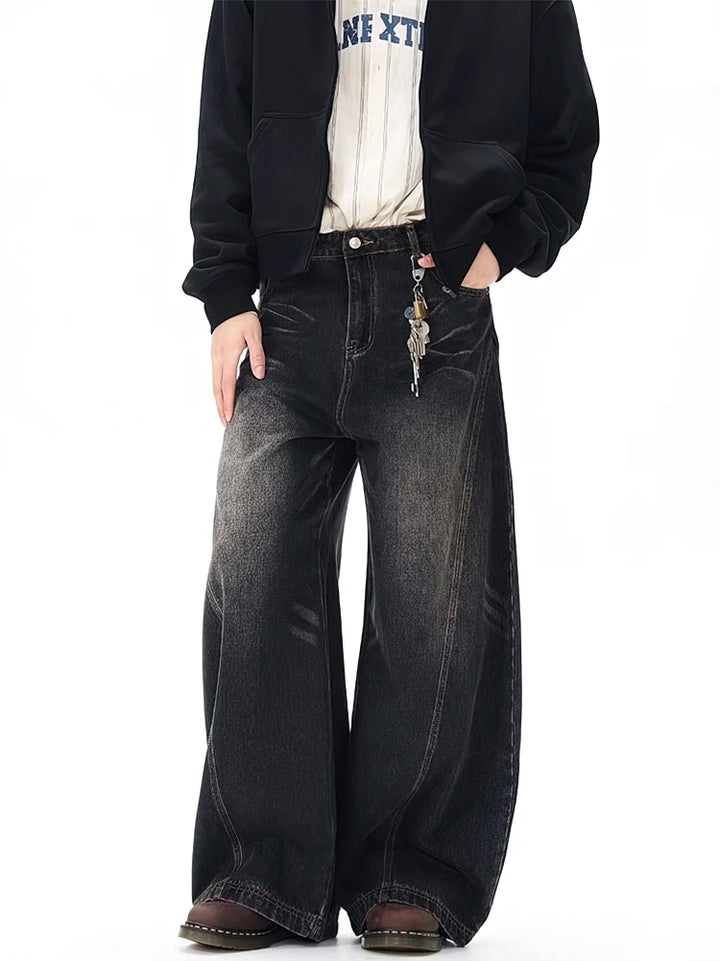 Retro Washed Curved Blade Baggy Wide-Leg Jeans