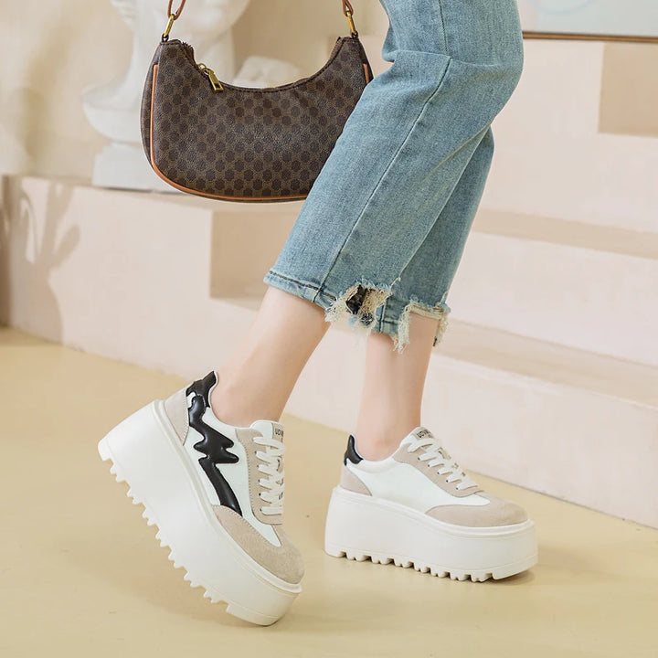 8cm Genuine Leather Platform Wedge Chunky Sneakers