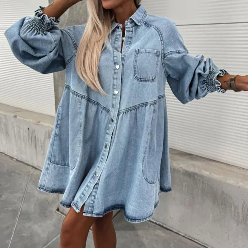 High Waist Denim Dress with Lapel