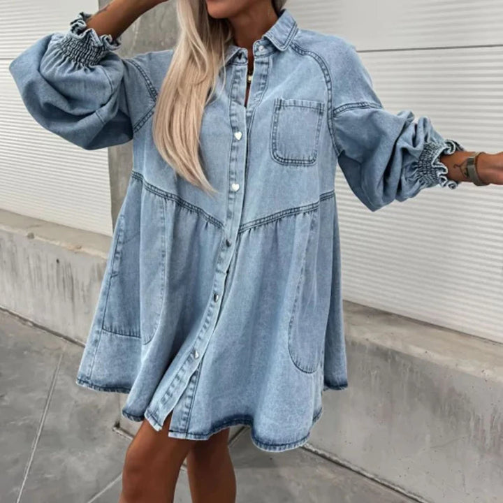 High Waist Denim Dress with Lapel