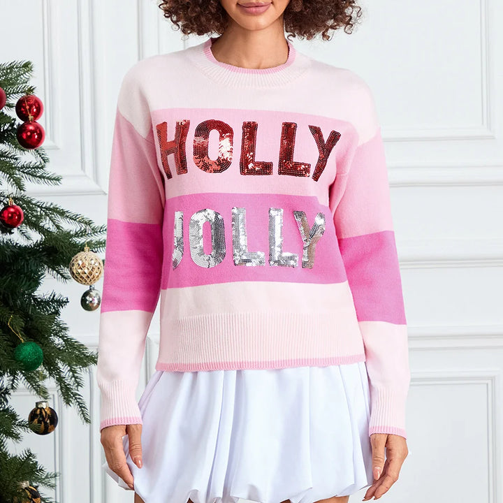 Round Neck Sequined Letter Knit Christmas Sweater