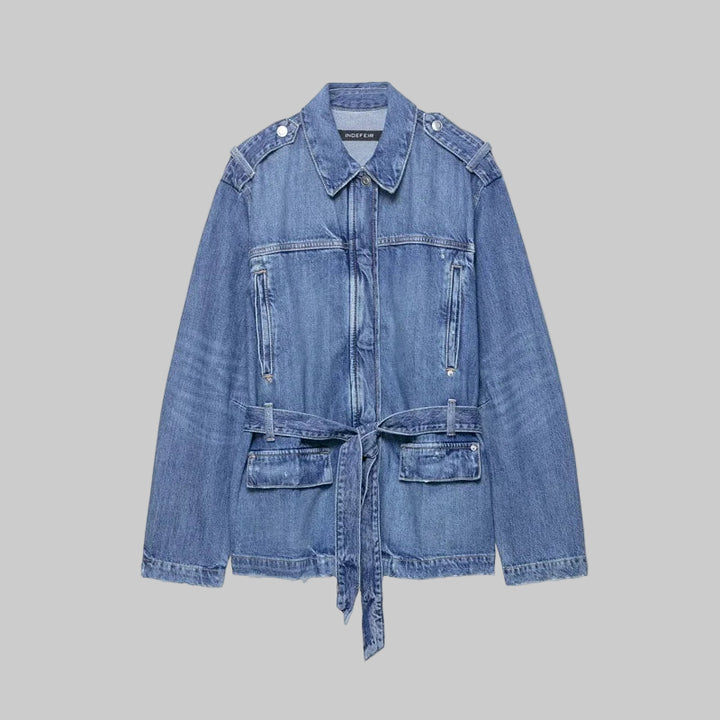 Long Denim Jacket with Belt