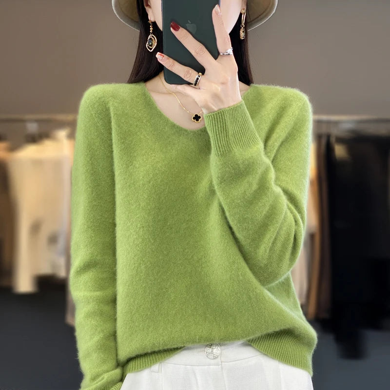 100% Pure Merino Wool V-Neck Autumn Winter Sweater